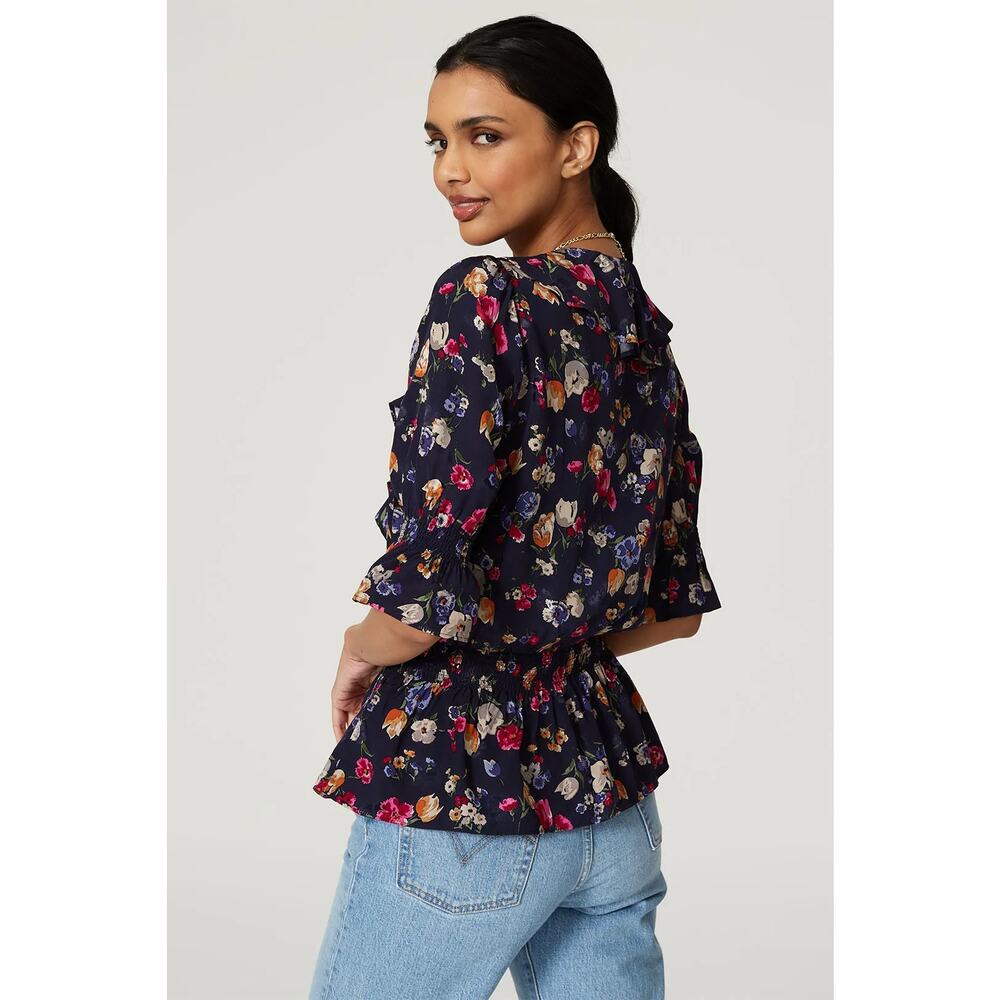 Lauren Ralph Lauren Shianete Floral Faux-Wrap Peplum Blouse Navy Floral Women L - Picture 2 of 14